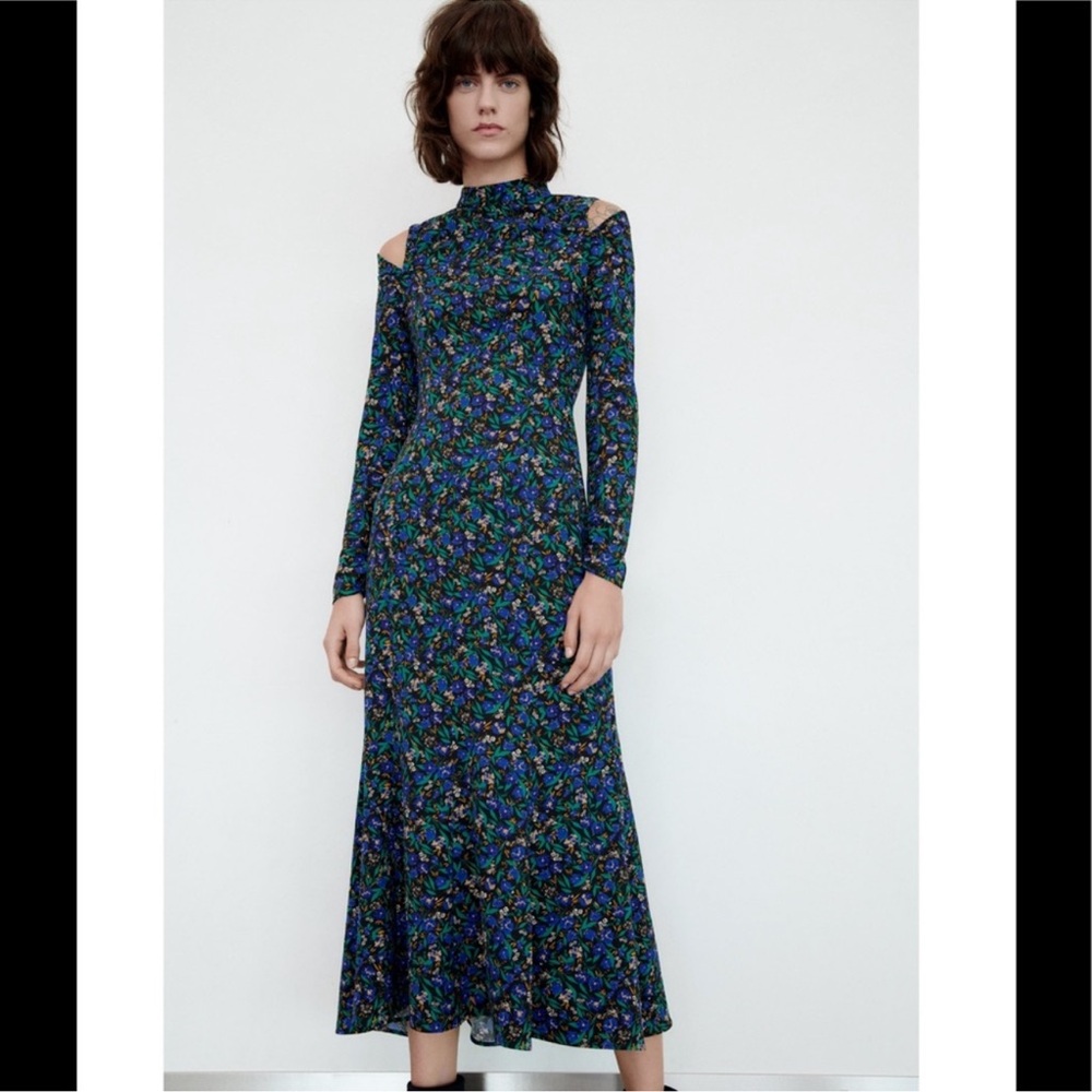 Zara Blogger Fave blue floral cutout black midi dress high neck long sleeve